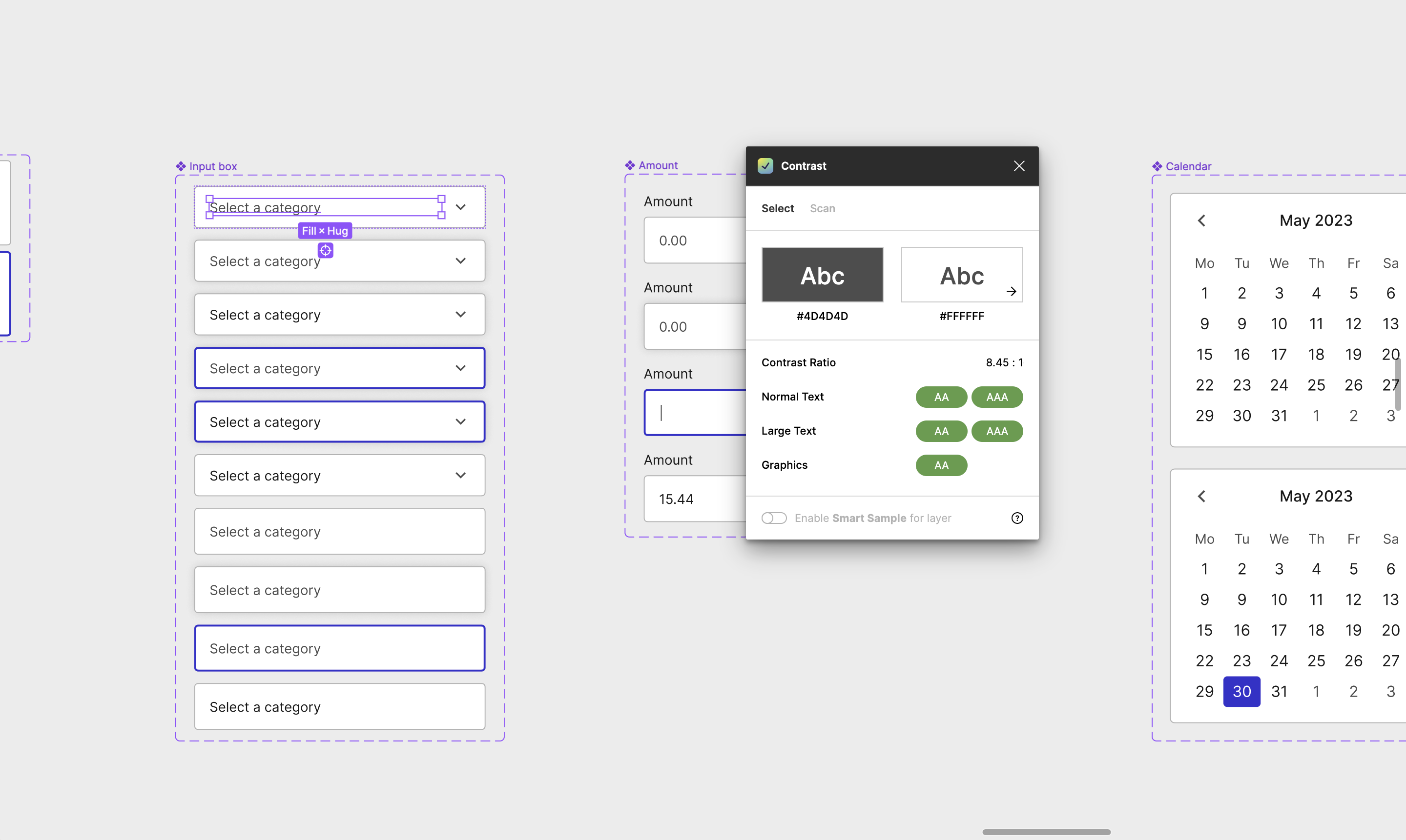 Screenshot showing the Contrast plugin menu: there is a layer selected and the plugin says that it passes the WCAG levels
