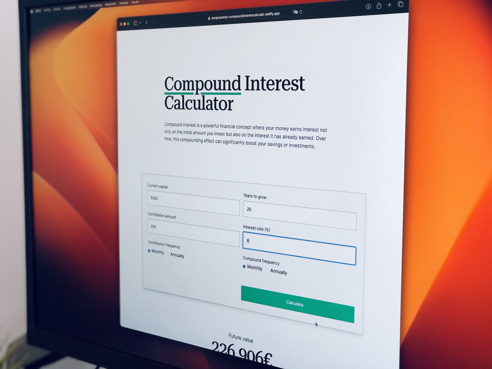 Screenshot of the compound interest calculator I've built
