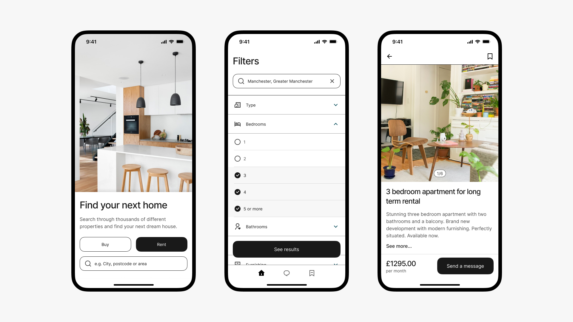 An image showing three different screens of the real estate app I built: the main screen, the filter section and the apartment details view.
