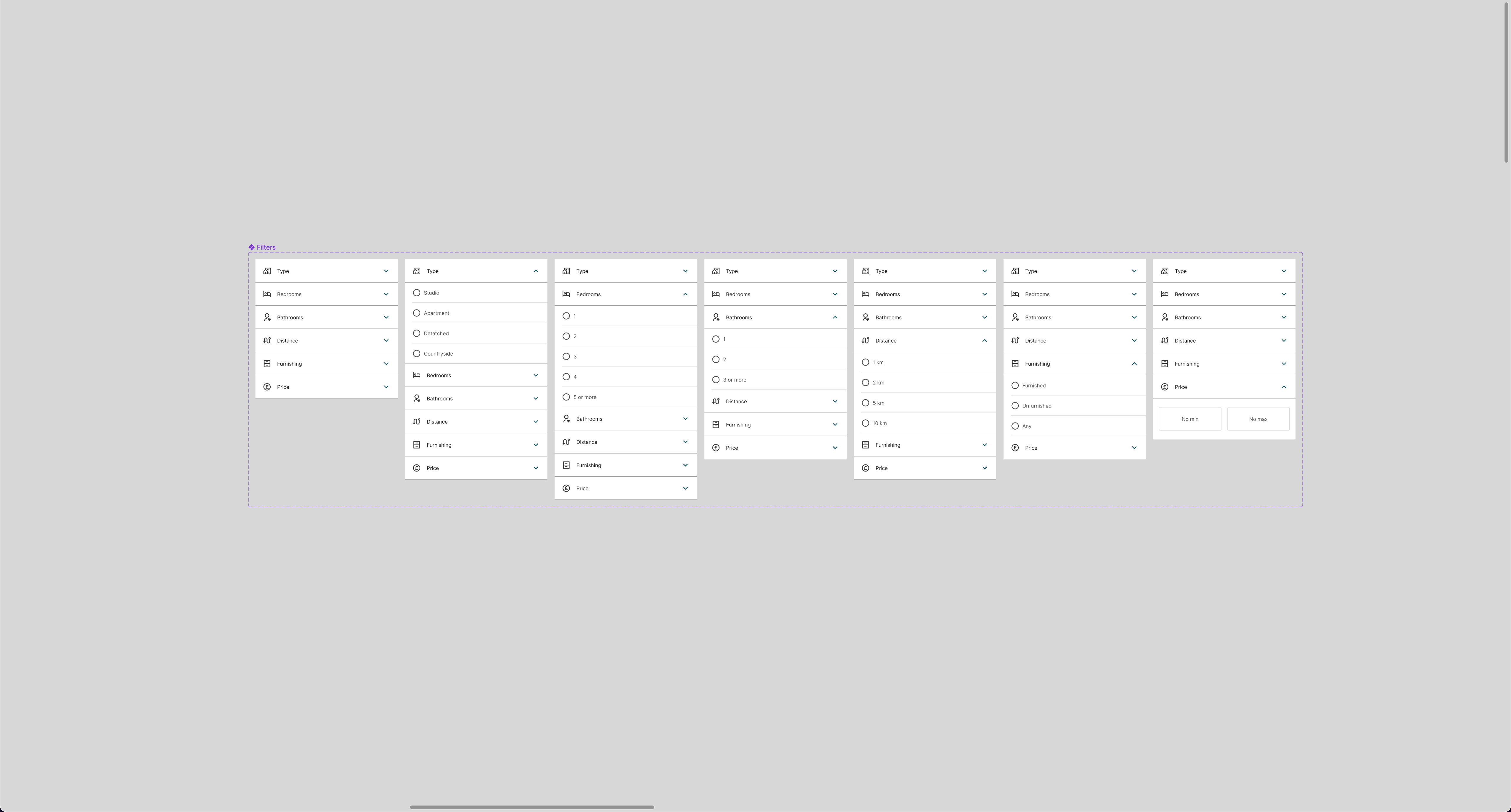 Screenshot showing the different parts of the filter section in Figma.