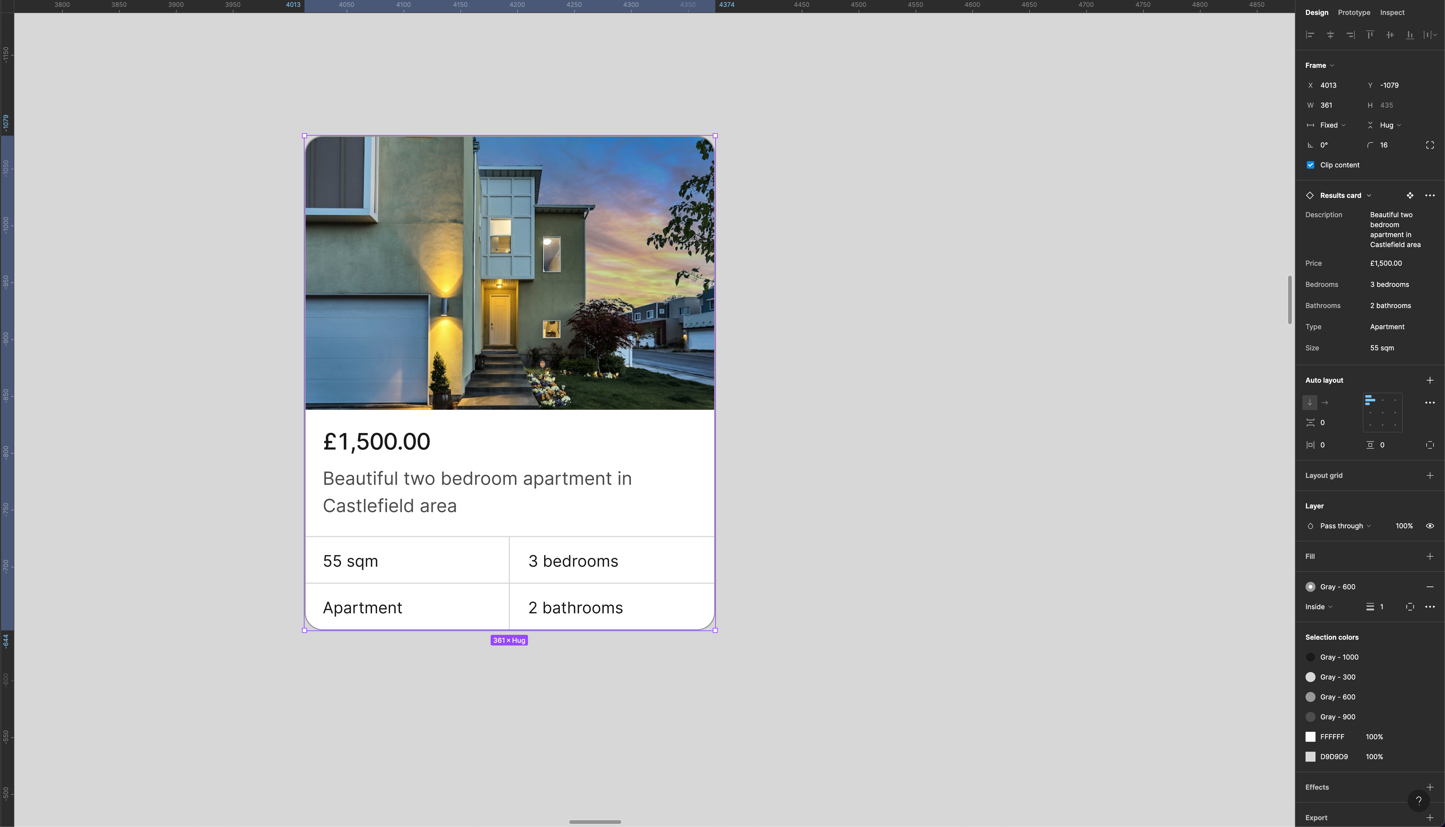Screenshot showing the apartment card component in Figma.