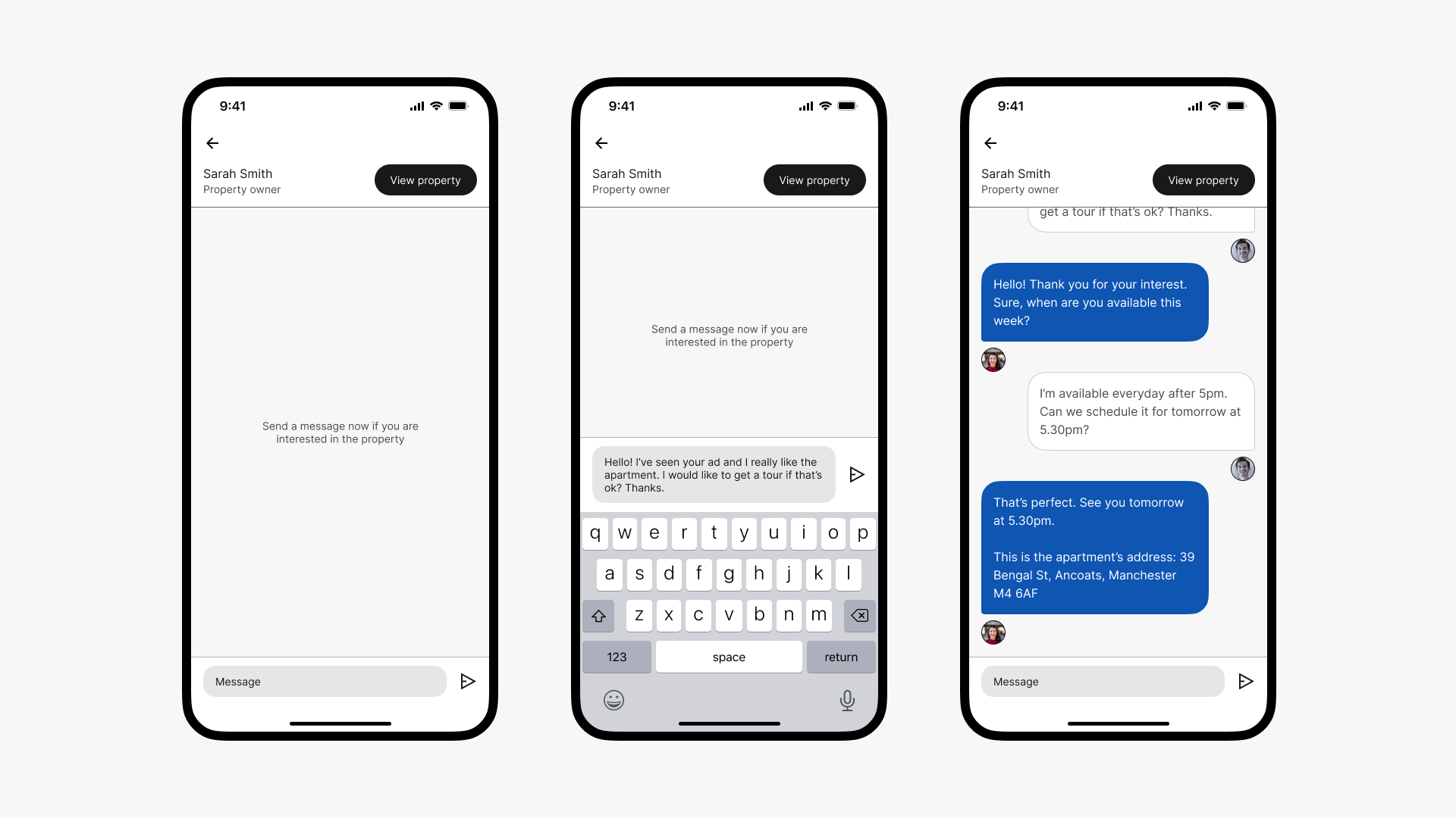An image with three different mockups showcasing how the messaging feature works.