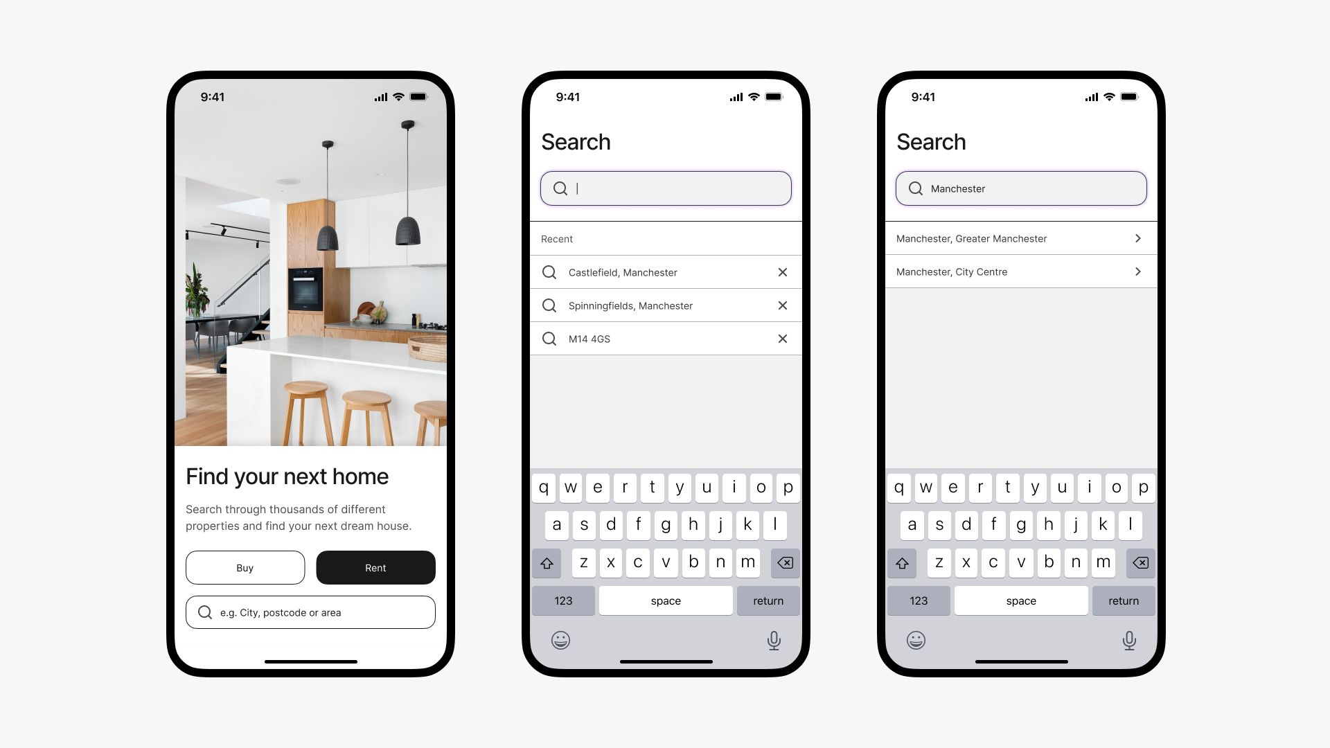 An image showing three different screens part of the search feature workflow.