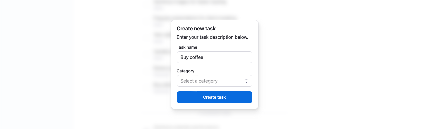 Screenshot of the creation task modal. You can enter a name and select a category