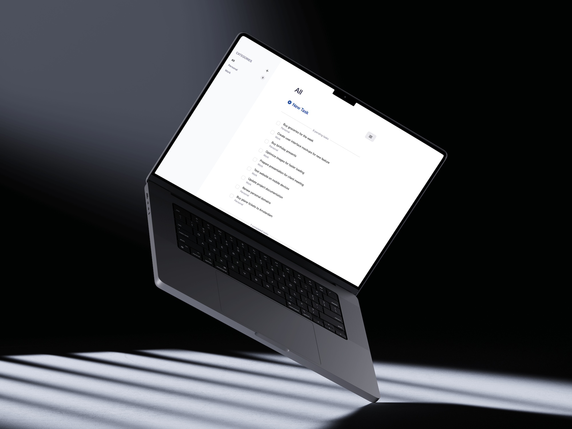 Mockup showing my to do app UI on a MacBook